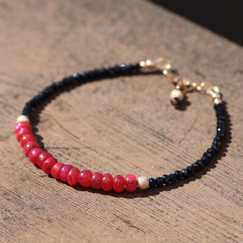 Stunning Natural Black Spinel and Ruby Bracelet 14K Yellow Gold Filled ,  7.5" -